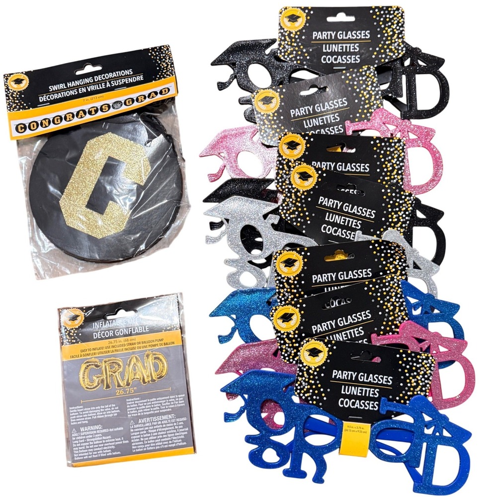 Graduation Party Supplies Bundle 7 Pairs Grad‎ Glasses Swirl Decor Gold Balloon